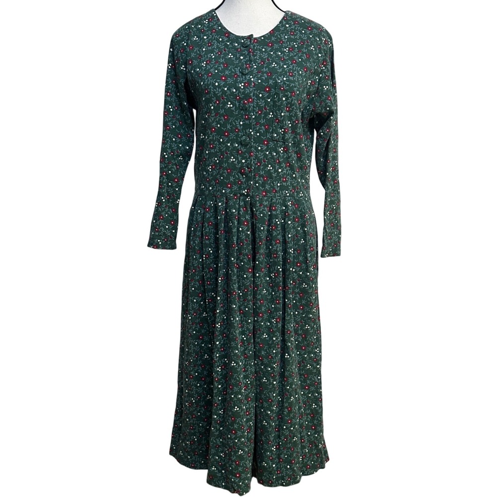 VTG 90s Talbots Petites Floral Midi Dress M Green Long Sleeve Cottagecore Pocket